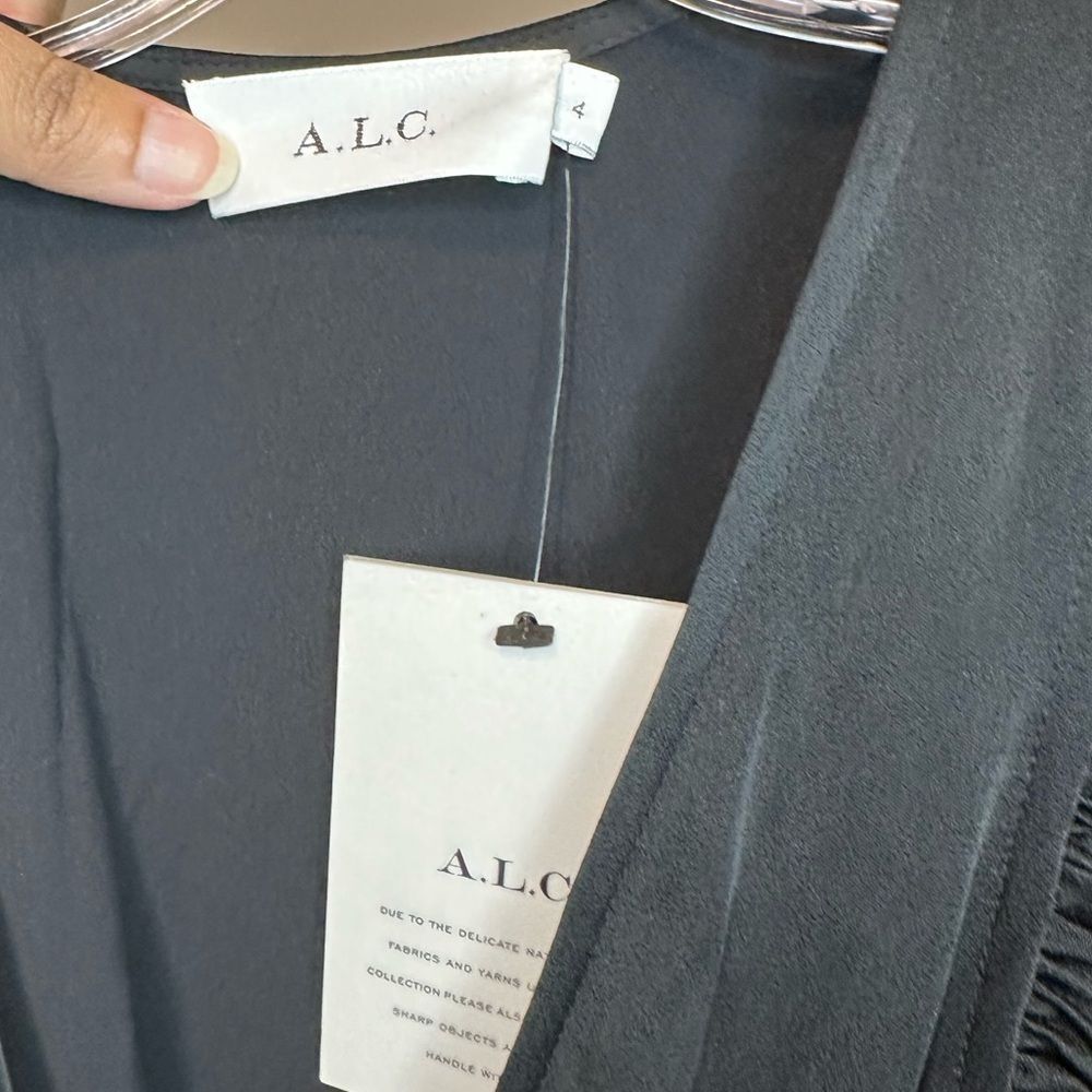 A.L.C. Christian Black Puff-Sleeve Belted Satin V Neck Straight Leg Sz 4 NWT - Picture 4 of 6